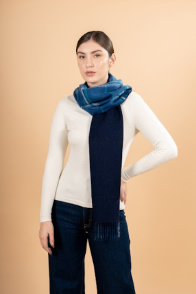 Double face baby alpaca Plaid Scarf - Navy Blue
