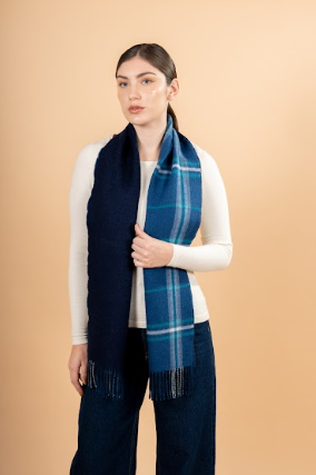 Double face baby alpaca Plaid Scarf - Navy Blue